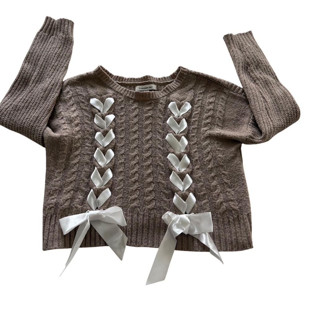 Francescas Womens Taupe Cable Knit Sweater Satin Ribbon Lace Up Bows XS Brown